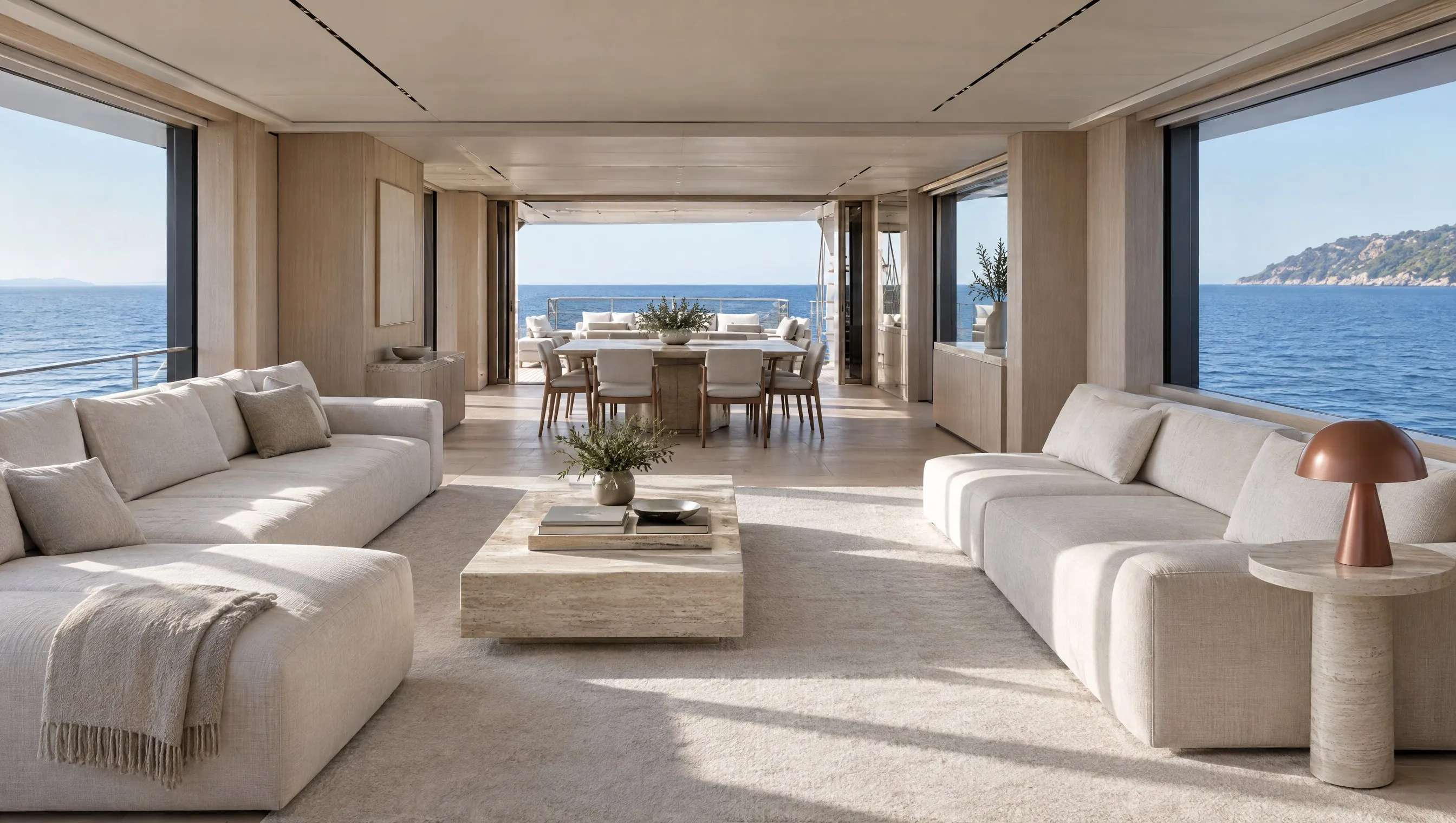 The main salon of a contemporary superyacht